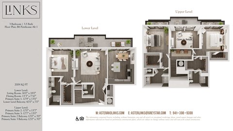 Floor plan for 3 beds, 3.5 baths, 2008 sqft